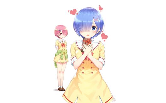 Обои на рабочий стол Rem / Рем с подарком и Ram / Рам из аниме Re: Zero kara Hajimeru Isekai Seikatsu / Re: Жизнь в альтернативном мире с нуля