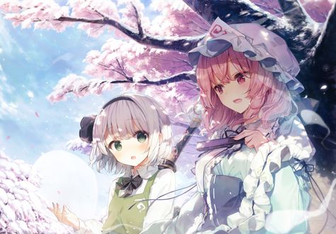 Обои на рабочий стол Youmu Konpaku / Ёму Конпаку и Saigyouji Yuyuko / Ююко Сайгедзи под цветущей сакурой, персонажи из серии компьютерных игр Touhou Project / «Проект «Восток»», art by Shinoba