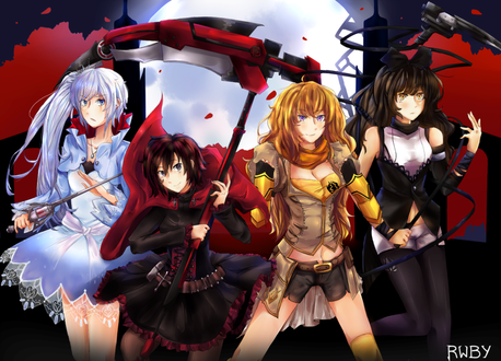 Обои на рабочий стол Weiss Shnee / Вайс Шни, Ruby Rose / Руби Роуз, Yang Xiao Long / Янь Сяо Лун, Blake Belladonna / Блейк Белладонна из аниме RWBY / Красный, Белый, Черный, Желтый