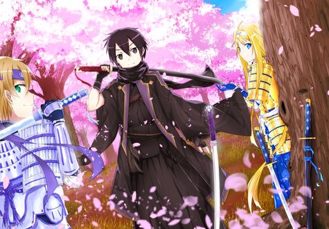 Обои на рабочий стол Kirito / Кирито, Alice / Алиса и Eugeo / Юджио арт персонажей из аниме Sword Art Online Alicization / Мастера Меча Онлайн Алисизация