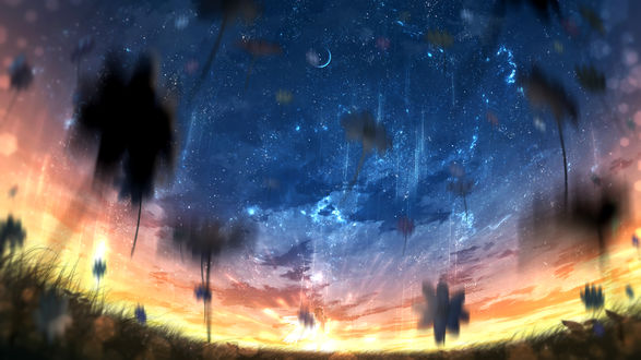 Обои на рабочий стол Девочка-ангел в лучах заходящего солнца, by furi