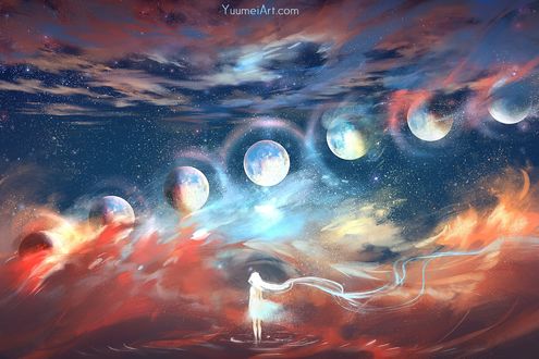 Обои на рабочий стол Девушка с длинными волосамит смотрит на парад планет, by Yuumei_Art