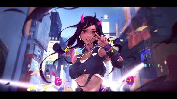 Обои на рабочий стол Девочка с рожками стоит на фоне города, by shenpei wu