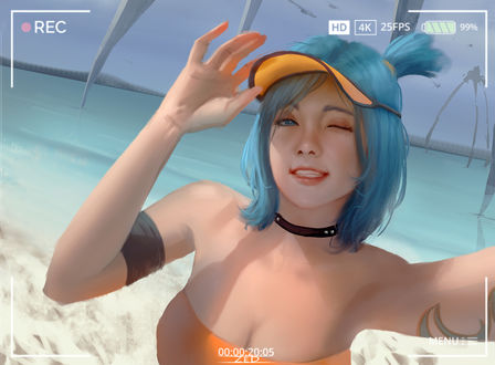 Обои на рабочий стол Девушку с голубыми волосами, стоящую на берегу моря, снимают на видеокамеру, by Z eD