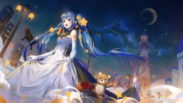 Обои на рабочий стол Vocaloid Hatsune Miku / Вокалоид Хатсунэ Мику в белом платье стоит на городской улице на фоне ночного неба