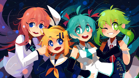 Обои на рабочий стол Vocaloid Luka Megurine / Вокалоид Лука Мегурине, Kagamine Rin / Кагамине Рин, Hatsune Miku / Хатсунэ Мику и Gumi Megpoid / Гуми Мегпоид из игры Project tiger, by projectTiGER