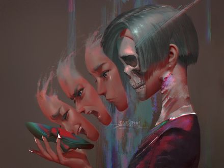 Обои на рабочий стол Эмоциональные лики девушки под маской, by Paul Nong