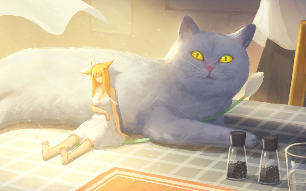 Обои для рабочего стола Девушка сидит у огромной кошки на полу