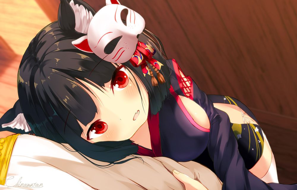 Обои для рабочего стола Neko girl / неко-девочка в коротком кимоно с маской на голове