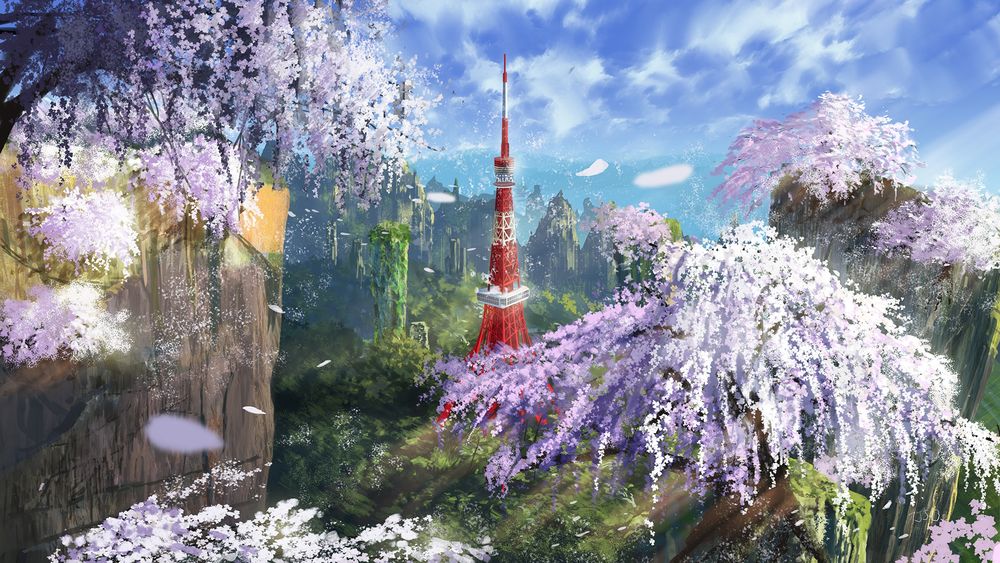 Обои для рабочего стола Токийская башня среди гор, на склонах которых цветет сакура