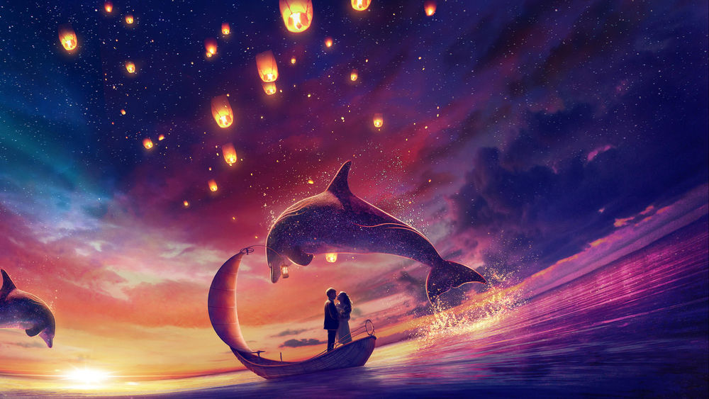 Обои для рабочего стола Влюбленная пара на лодке в воде с дельфинами, by panjoool