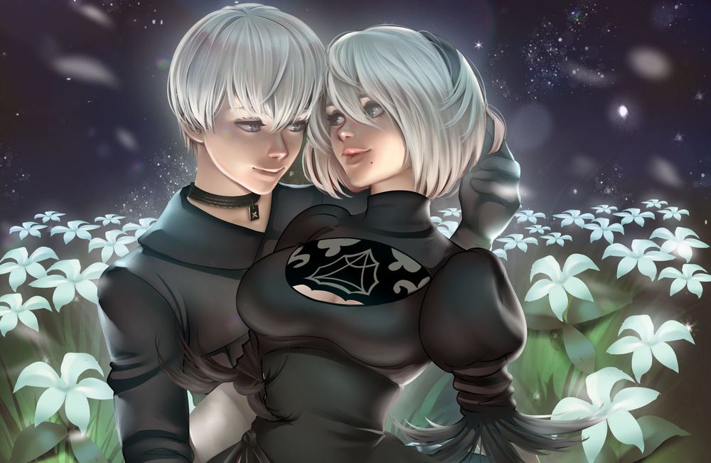 Обои для рабочего стола YoRHa №2 тип B и YoRHa №9 тип S из игры NieR: Automata