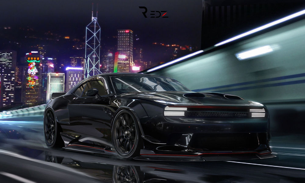 Обои для рабочего стола Черный Dodge Challenger SRT едет по трассе ночного города, из игры Need For Speed, by Redz