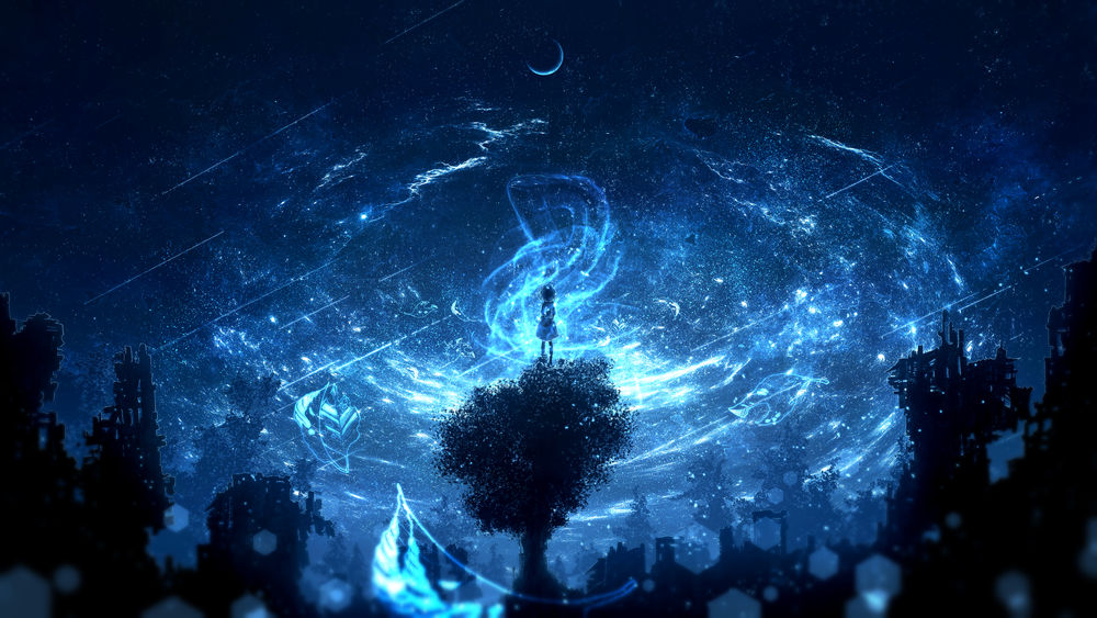 Обои для рабочего стола Девочка стоит на макушке дерева, растущего посреди руин, на фоне ночного неба, by furi