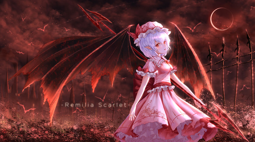 Обои для рабочего стола Remilia Scarlet / Ремилия Скарлет с кровавым копьем в руке, персонаж из серии компьютерных игр Touhou Project / «Проект «Восток»», art by Niuy