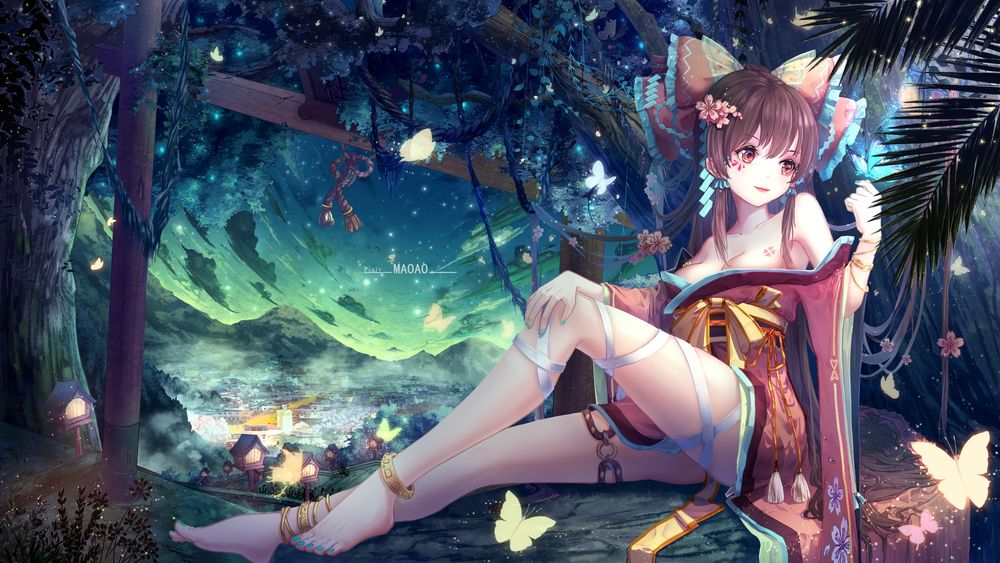 Обои для рабочего стола Hakurei Reimu / Рейму Хакурей сидит в лесу, возле нее порхают неоновые бабочки, персонаж из серии компьютерных игр Touhou Project / «Проект «Восток»», art by Maoao