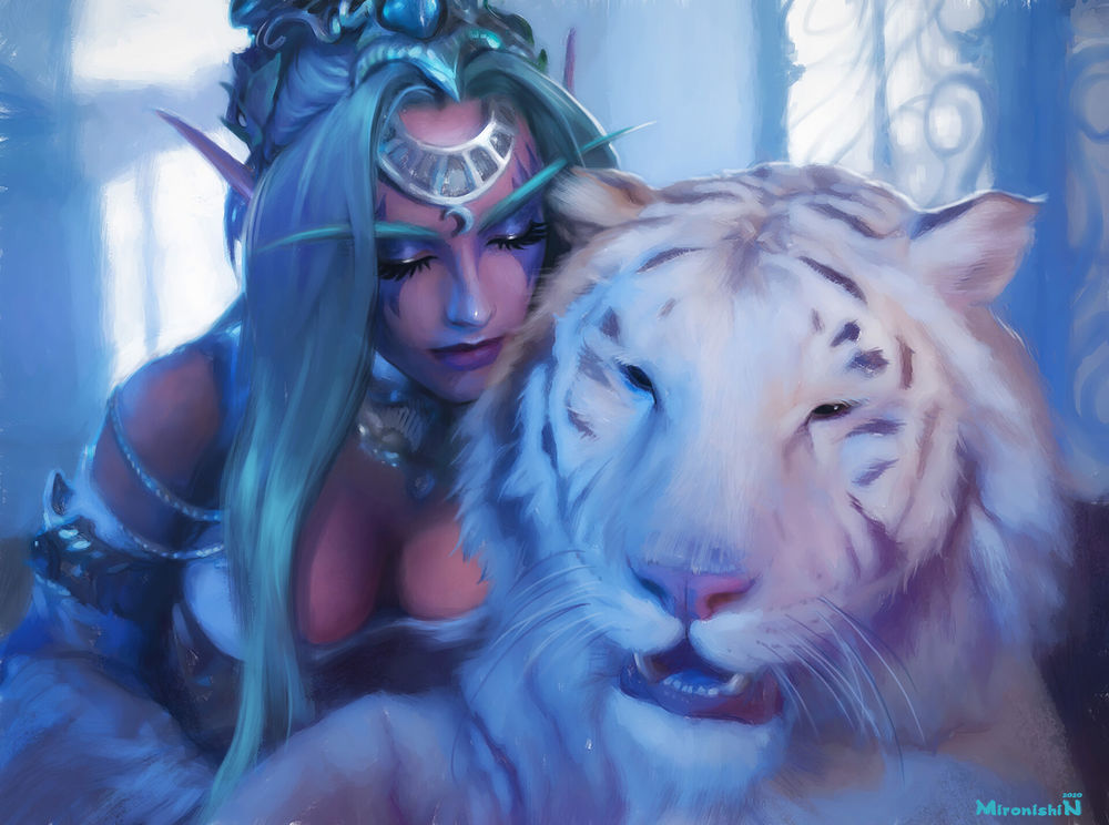 Обои для рабочего стола Эльфийка Tyrande / Тиранда и тигрица Ashalah / Ашхала из игры World of Warcraft / Мир военного ремесла, by Mironishin Story