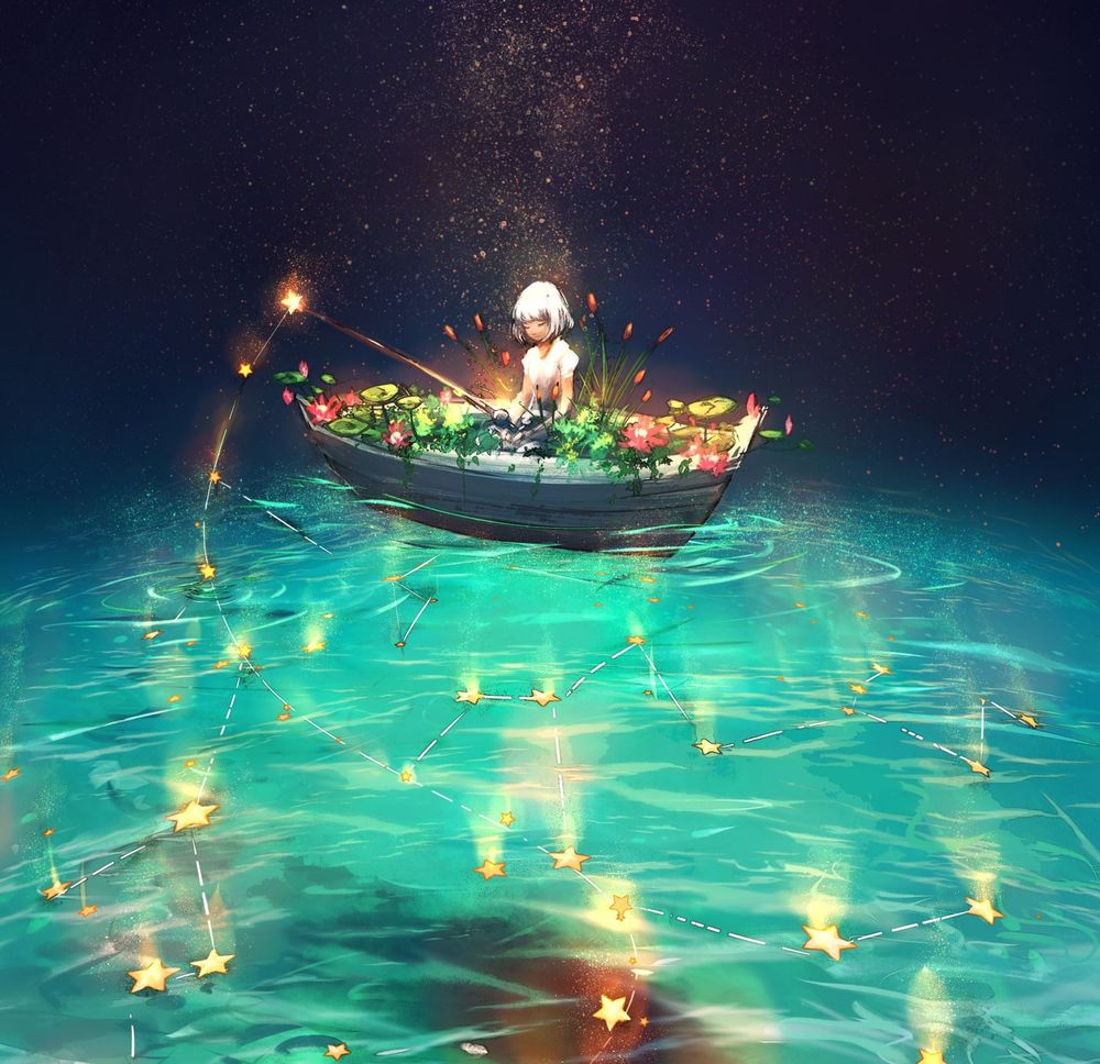 Обои для рабочего стола Девочка с удочкой в лодке с цветами ловит звезды, by Yuumei_Art