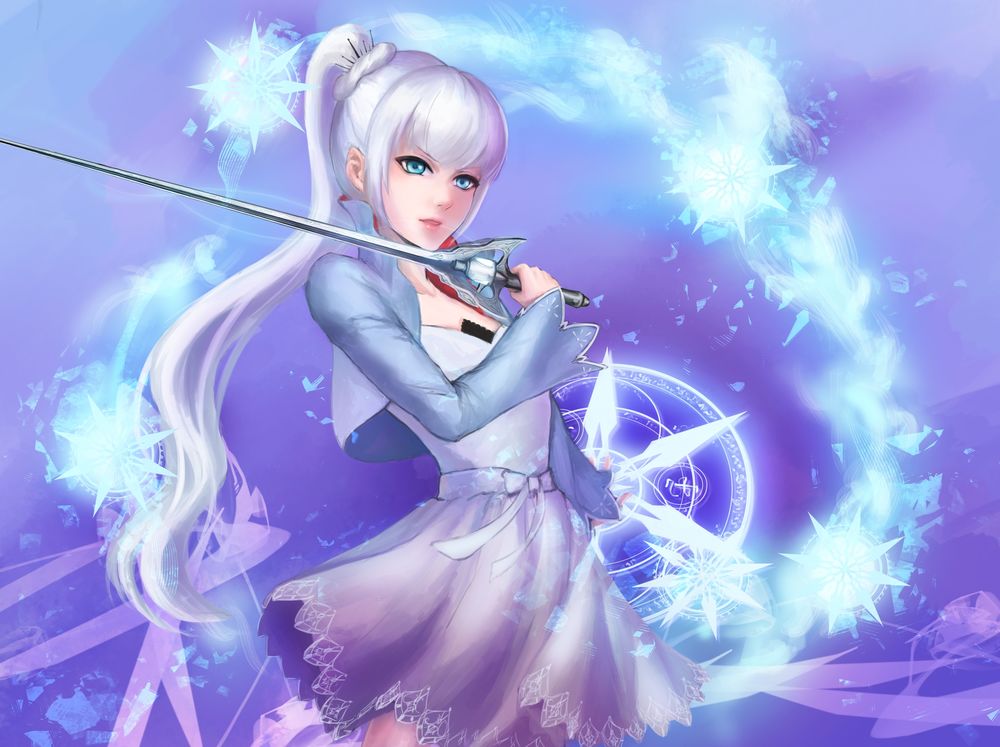 Обои для рабочего стола Weiss Shnee / Вайс Шни из аниме RWBY / Красный, Белый, Черный, Желтый