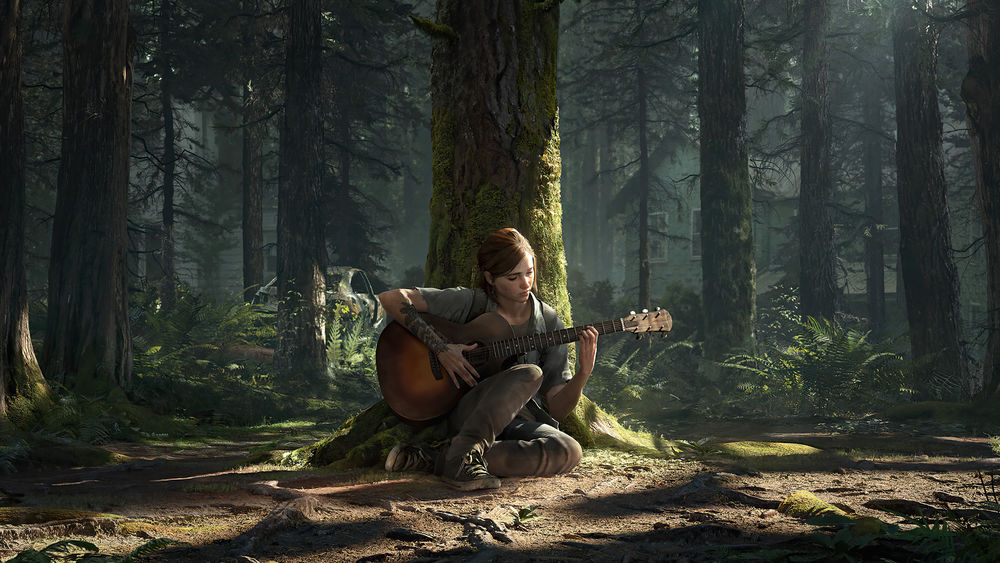 Обои для рабочего стола Ellie Williams / Элли Уилльямс с гитарой в лесу, арт к игре The Last of Us: Part II / Последние из нас: Часть 2
