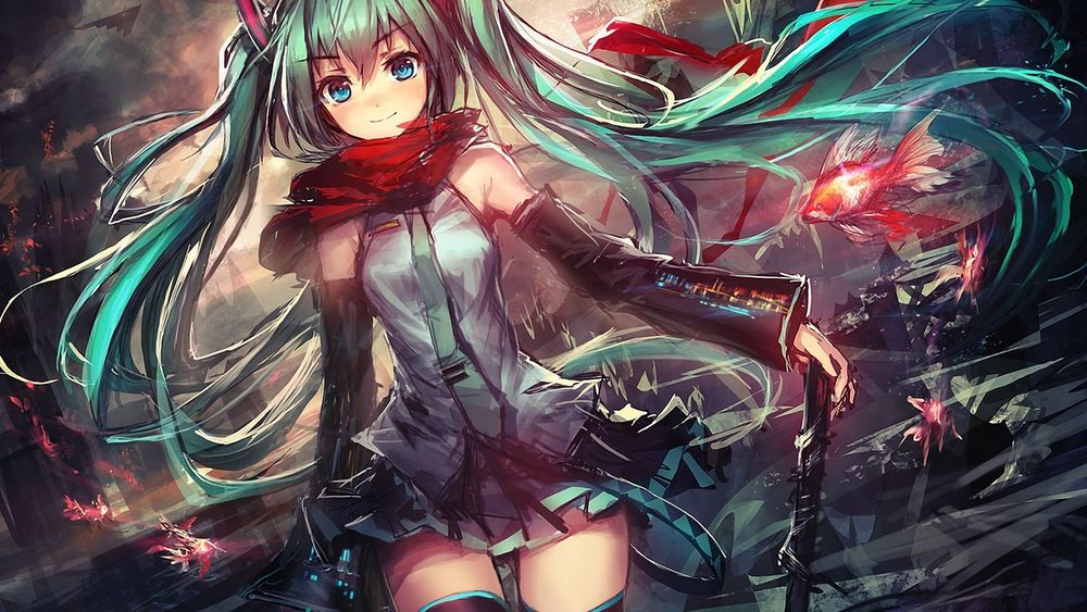 Обои для рабочего стола Vocaloid Hatsune Miku / Вокалоид Хатсунэ Мику в окружении золотых рыбок