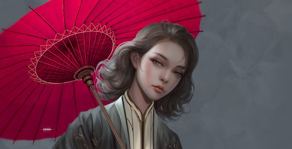 Обои для рабочего стола Девушка в кимоно с красным зонтом, by Huy Ozuno