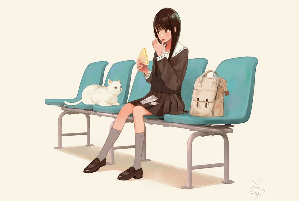 Обои для рабочего стола Девочка в школьной форме сидит на стульчике рядом с белой кошкой