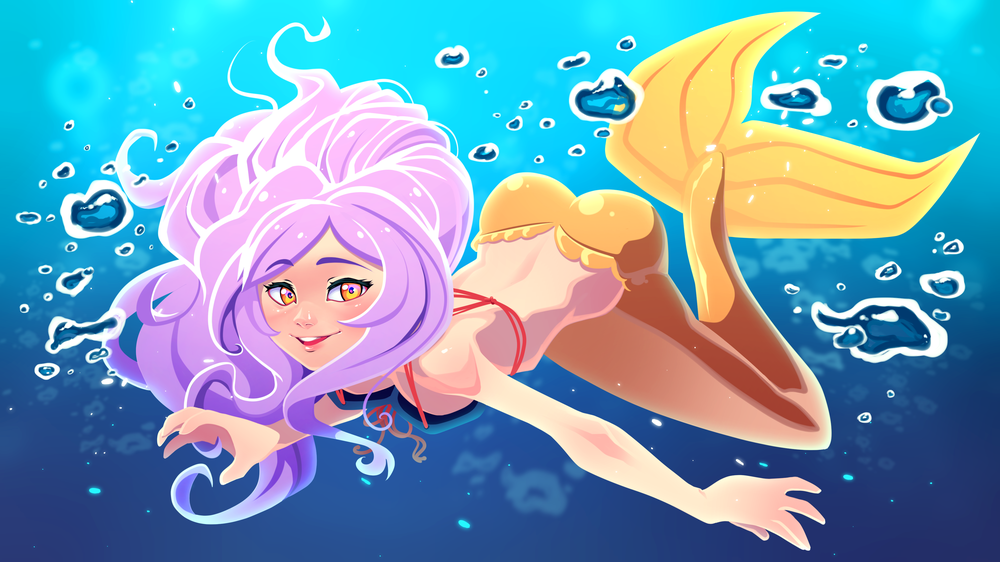 Обои для рабочего стола Длинноволосая русалка под водой, by R-no71