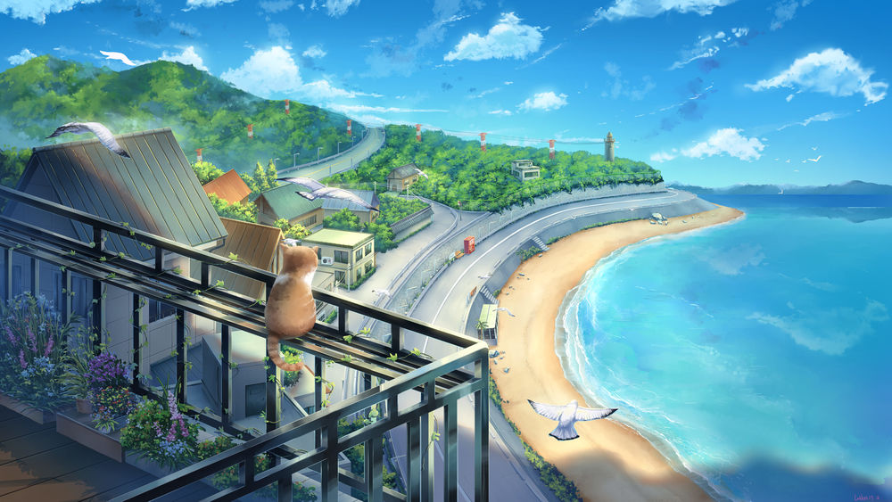 Обои для рабочего стола Кошка, сидящая на перилах балкона, любуется морским пейзажем