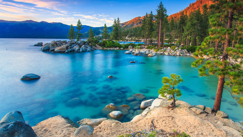 Обои для рабочего стола Озеро Тахо с голубой водой в парке Калифорнии, США в окружении сосен и гор