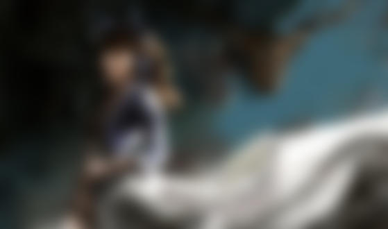 Обои на рабочий стол Девушка с ушками поет в микрофон в комнате, на стене которой висит голова оленя, by Haris Berliansyah