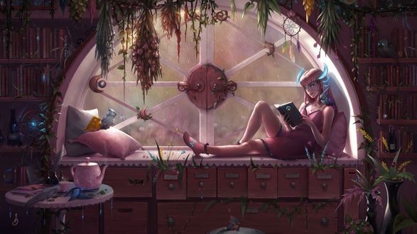 Обои на рабочий стол Лунная девушка читает книгу в библиотеке, полулежа на подоконнике, а рядом две птички сидят на подушках, by Jenny Brozek
