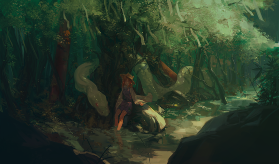 Обои на рабочий стол Сувако Мория / Suwako Moriya из аниме игры Проект Восток / Touhou Project с огромной змеей в лесу