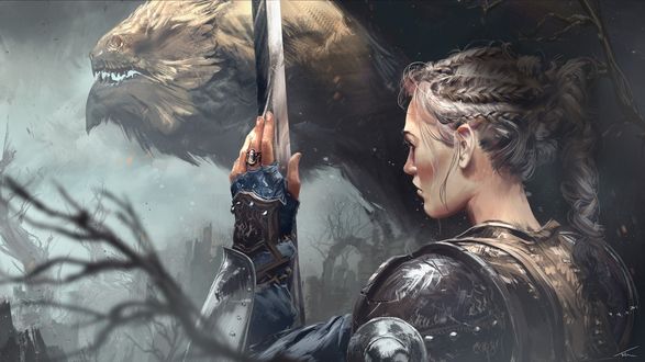Обои на рабочий стол Девушка-воин и дракон, by Thomas Chamberlain