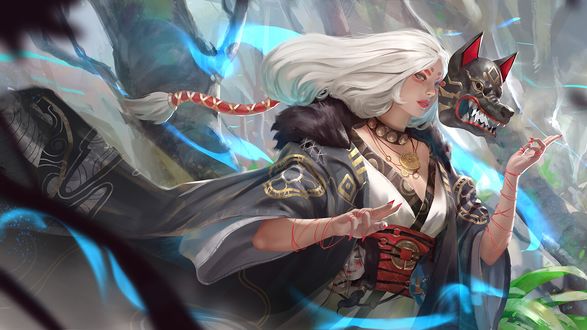 Обои на рабочий стол Белокурая колдунья с маской волка, by Fahmi Fauzi