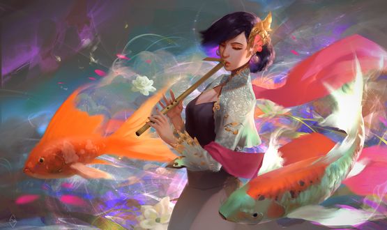 Обои на рабочий стол Девушка играет на флейте среди плывущих рыб, by Fahmi Fauzi