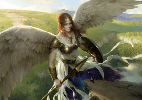Обои на рабочий стол Девушка-ангел парит над землей из игры Clash Of Wonders, by Senfeng Chen