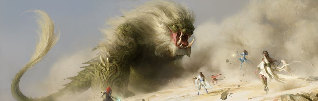 Обои на рабочий стол Девушки-воины в битве против монстра, by Senfeng Chen