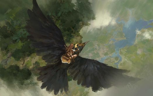 Обои на рабочий стол Девушка-воин летит на огромном вороне, арт к игре Clash Of Wonders, by Senfeng Chen