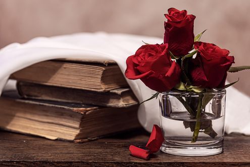 Обои на рабочий стол Красные розы в стакане с водой стоят рядом с книгами, by Myriam Zilles