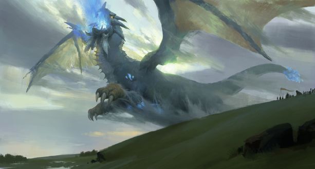 Обои на рабочий стол Войско смотрит на дракона с синим пламенем, арт к игре Clash Of Wonders, by Senfeng Chen