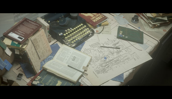 Обои на рабочий стол Книги, печатная машинка и чертеж лежат на столе, by Novelance
