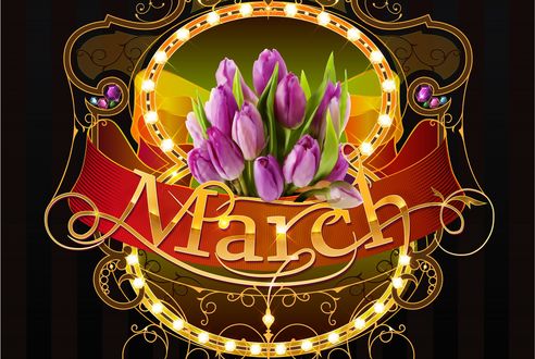 Обои на рабочий стол March 8 / 8 марта с сиреневыми тюльпанами в ажурной рамочке, by igor starostenko