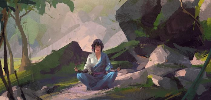 Обои на рабочий стол Девушка в кимоно сидит на земле в позе лотоса, by kevin hou