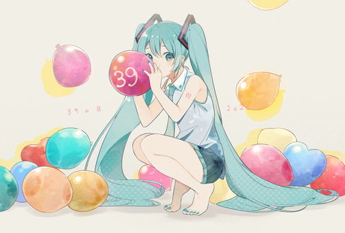 Обои на рабочий стол Vocaloid Hatsune Miku / Вокалоид Хатсунэ Мику надувает шарики