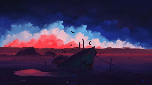 Обои на рабочий стол Чайки над лодкой на воде, by BisBiswas