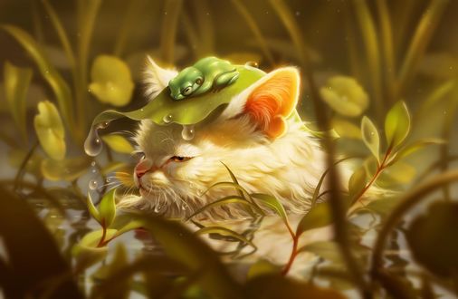 Обои на рабочий стол Кошка с лягушкой на голове среди растений, by Pixxus