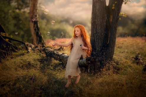 Обои на рабочий стол Девочка сидит на дереве и пускает мыльные пузыри, by Jessica Drossin