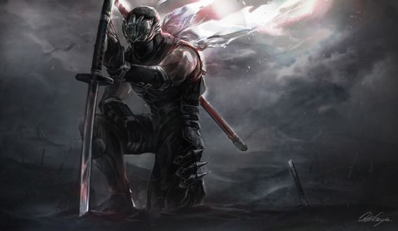 Обои на рабочий стол Ниндзя Ryu Hayabusa / Рю Хаябуса из игры Ninja Gaiden 3, by Oreki Genya