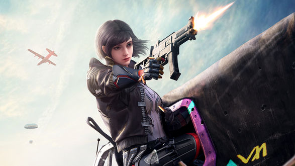 Обои на рабочий стол Девушка-солдат стреляет из автомата, арт к игре PlayerUnknowns Battlegrounds